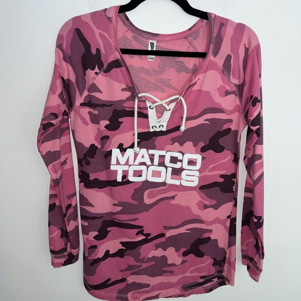 Matco Tools‎ Women's Long Sleeve Cotton Pink Camouflage Large Shirt V-Neck Tie
